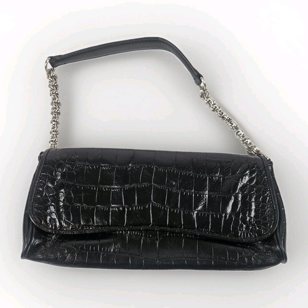 Anne Klein Black Faux Croco Embossed Leather Flap Chain Strap Purse Shoulder Bag